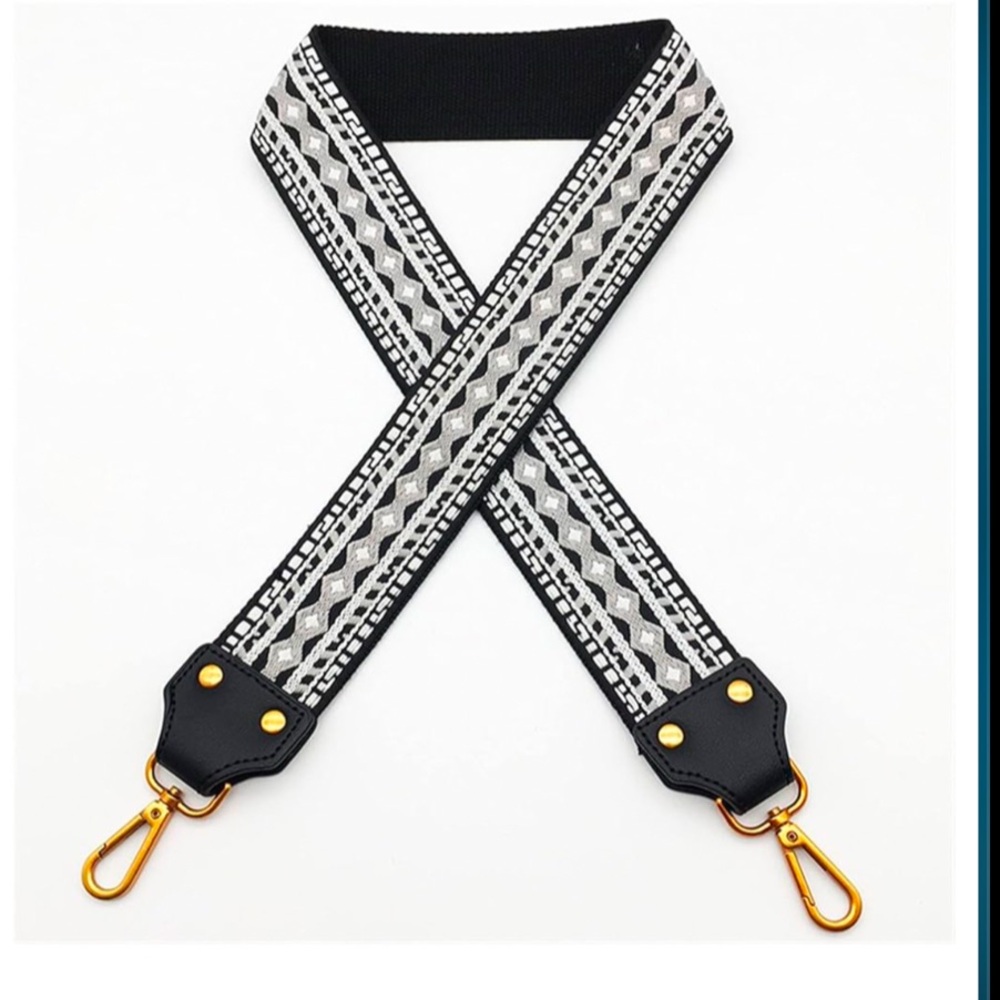 Black & White Geometric Detachable Bag Strap with Gold Hardware